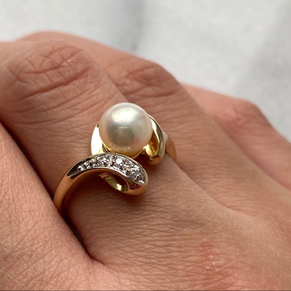 14kt YG Cultured Pearl & Diamond Ring - Picture 1 of 7